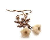 Dainty Flower Earrings, Antiqued Copper Branches, Ivory Glass Flowers, Petite Dangles, Botancial Earrings