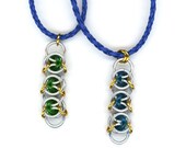 Dangling Chainmaille Pendant Silver and Gold Rings, Blue Braided Leather Cord