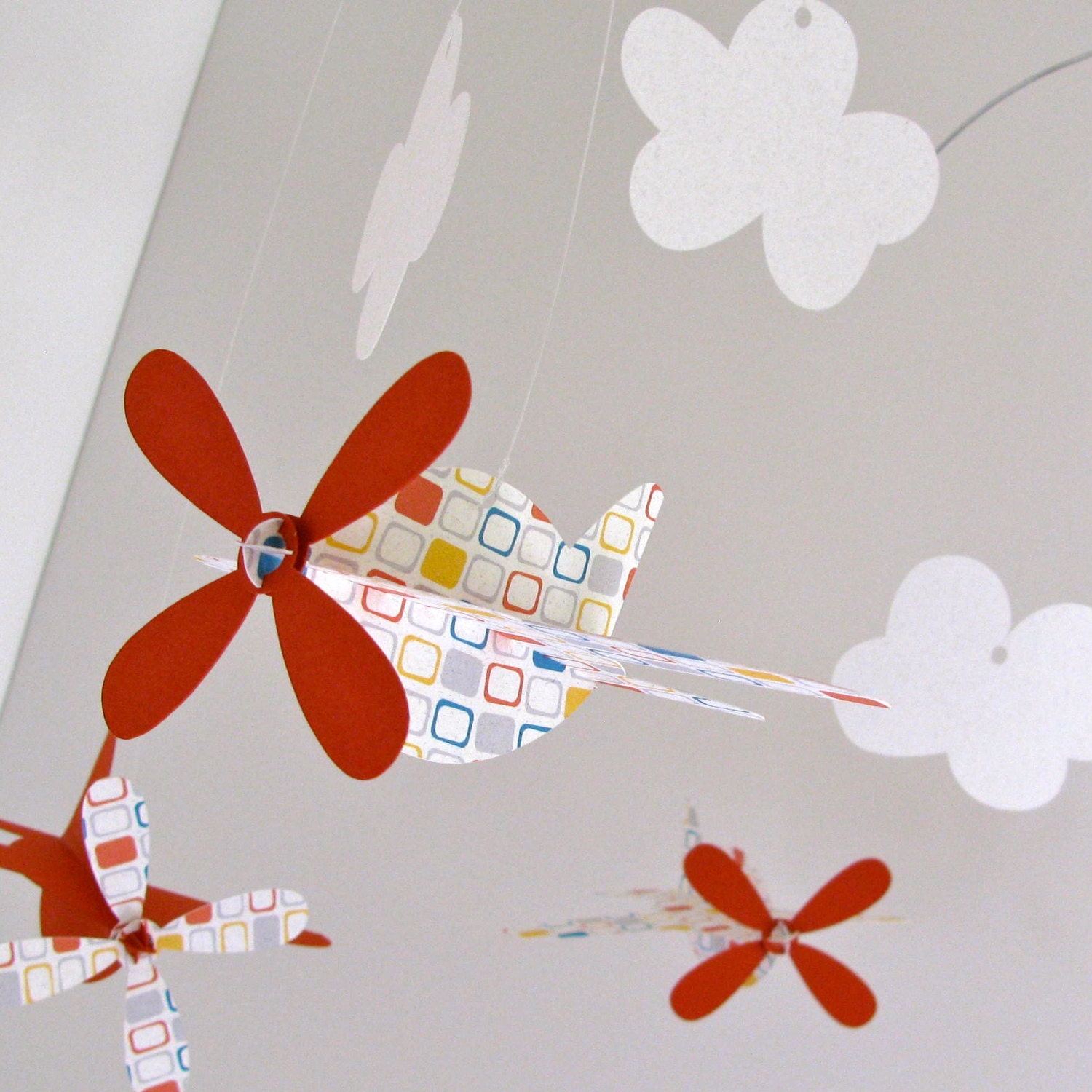 Baby Mobile, Airplanes in Orange with Windowpane Pattern