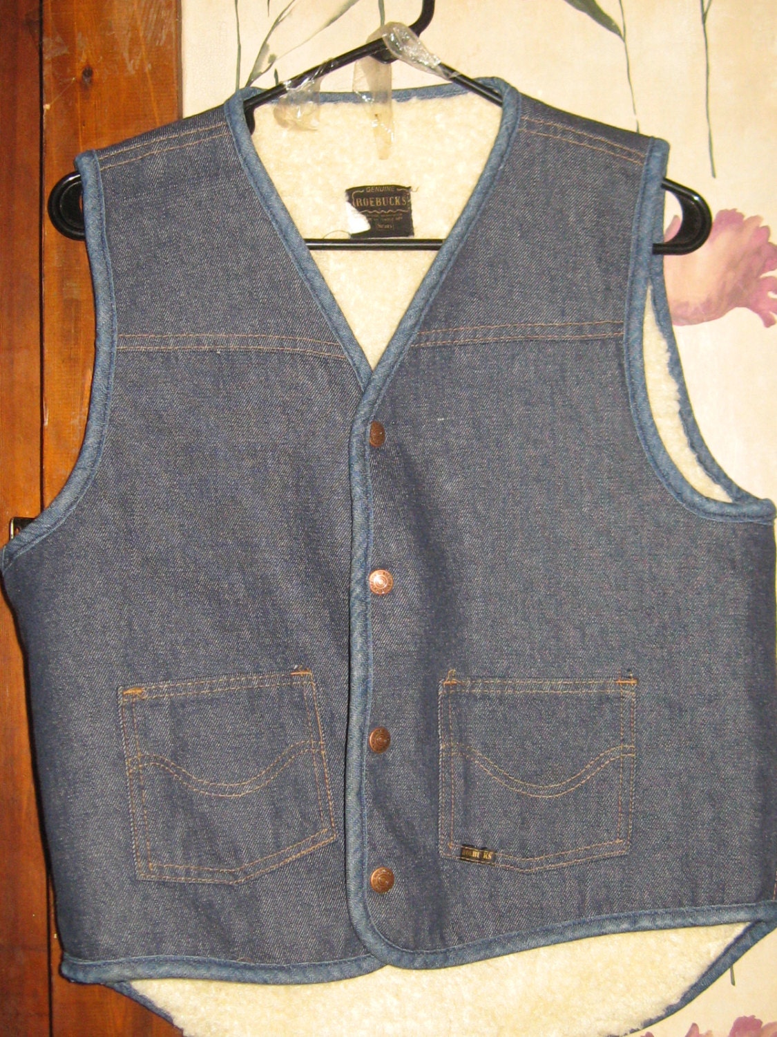 vintage Roebucks  sherpa lined denim vest. mens or womens 1960s sz med
