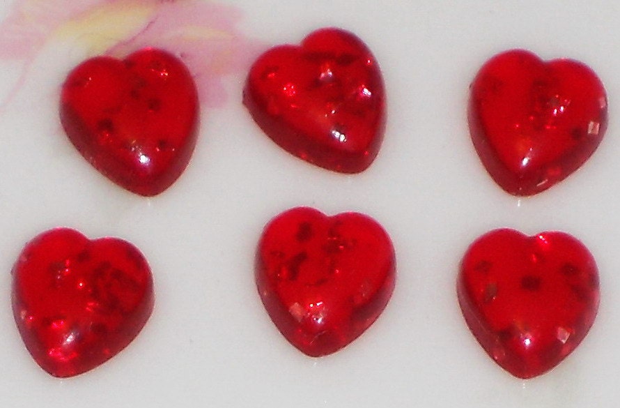 Vintage Hearts Valentines Day Red Sparkles Cabochons Cabs Tiny Heart Flat Back