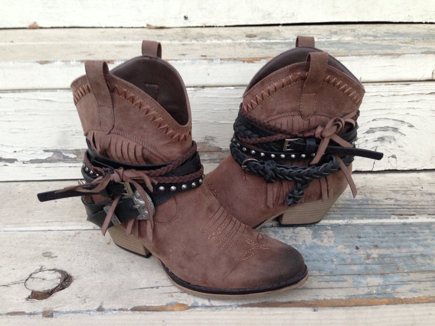 Belted FRINGE western cowboy ankle BOOTS custom made brown 8