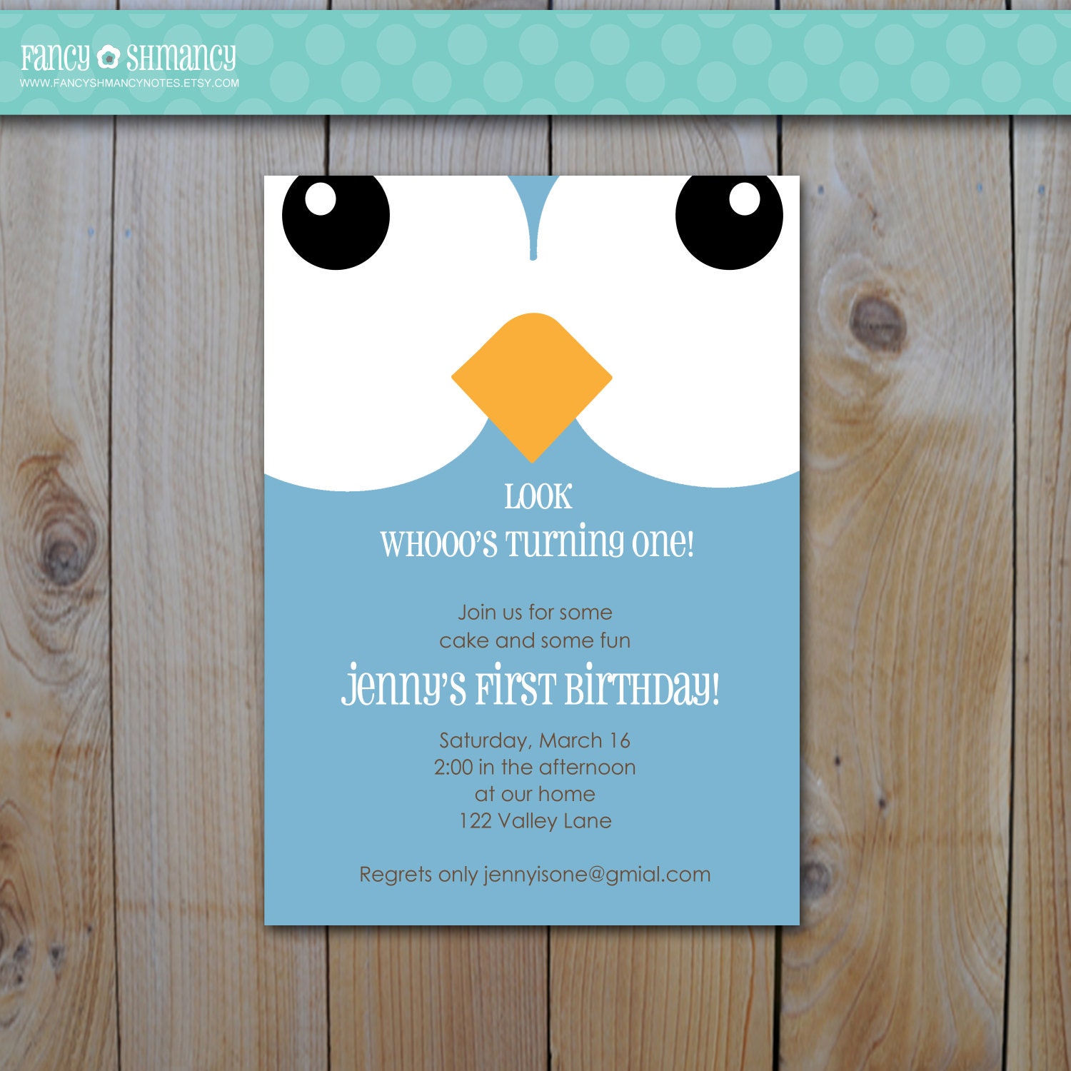 Printable Big Owl Birthday Invitation-Pool Blue, Digital File, DIY