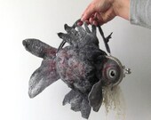 Felted fish purse cosmetic Grey Striated frogfish Metal Frame  octopurse