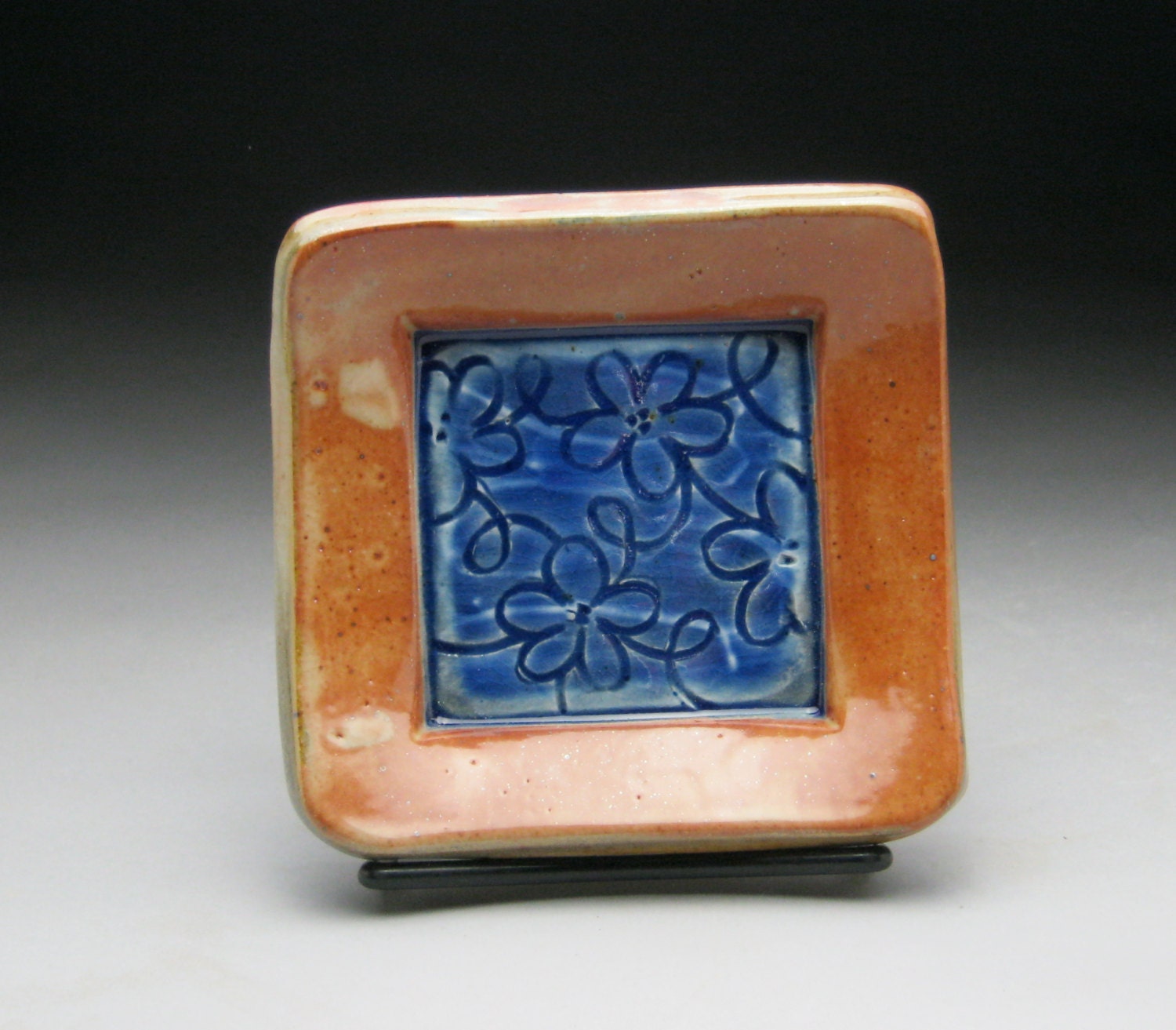 Blue and Copper Soap Dish with Flower Design