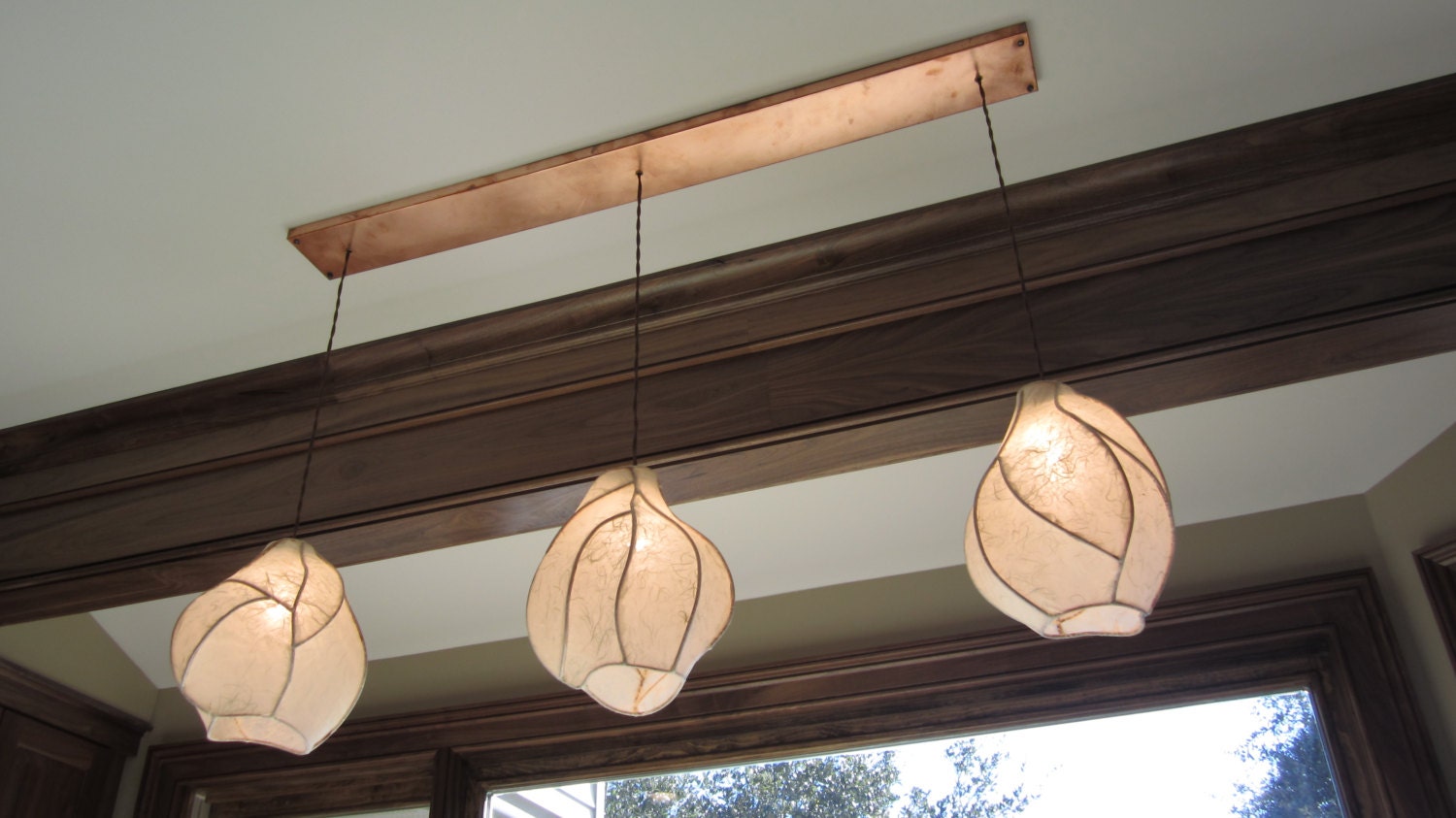 Chandelier Lighting - Firefly Lantern Chandelier - Copper Sculpture and Paper Lanterns with Rectangular Copper Canopy - Farmhouse Rustic