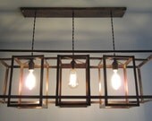 Modern Industrial Geometric Copper Hanging Chandelier - Long Rectangular Box Shades - Rustic Brown Patina