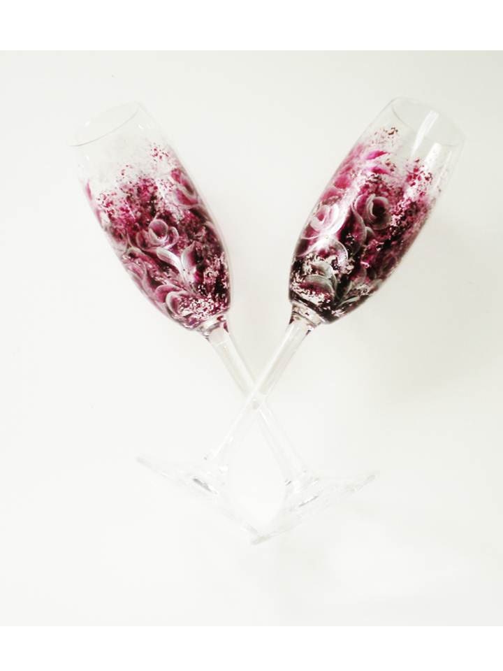 HandPainted Crystal Champagne Glasses, Set of 2 - Rich Berry Purple and Silver Rose Buds - Spring Wedding Toasting Flutes Mothers Day