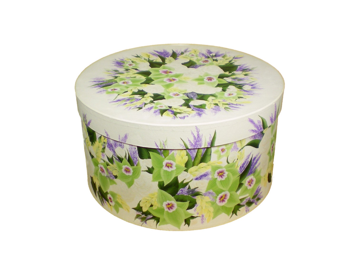 Wedding Program Box - Hand Painted Lime Orchids, Roses, Lilac, Yellow Freesia 10 in - Centerpiece Card Box