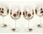 Hand-Painted Wine Glasses - Copper and Ebony Black Roses, Set of 4 18 oz - Timeless Elegant Wedding Bridal Party Steampunk