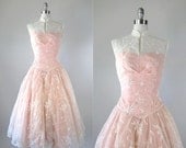 SALE Vintage 1950s Dress // 50s Illusion Bodice Embroidered Party Dress // Lovebug