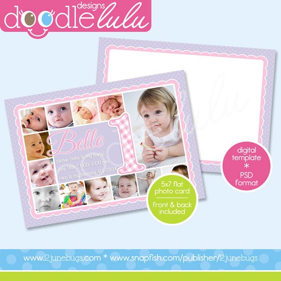 Digital Printable 5x7 Purple Polka Dot Pink Gingham First Photo Card Birthday Invitation Template - Design from DOODLELULU by 2 june bugs Il_170x135