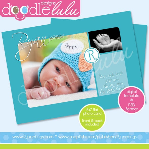 Digital Printable 5x7 Aqua / Teal / Blue Monogram Baby Announcement Card Template (Photoshop) PSD Il_570xn