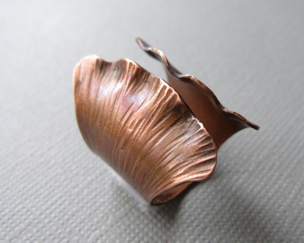 Ginko Leaf Adjustable Copper Ring Custom Size Wide Band Hammered Copper Made to Order