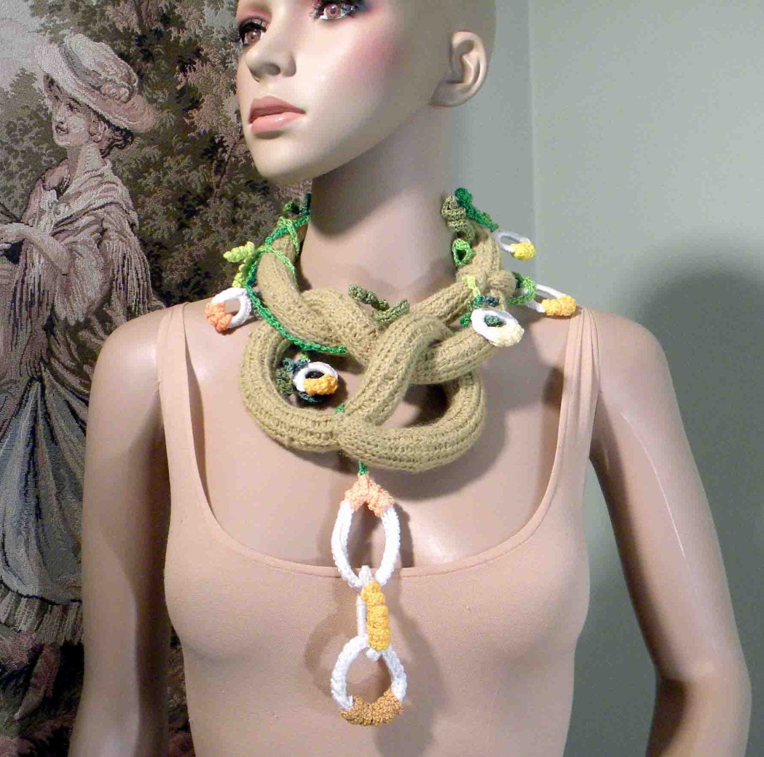 TRENDY NECKLACE/LARIAT - Wearable Fiber Art Jewelry, Irish Lace Motif, Freeform Crocheted,