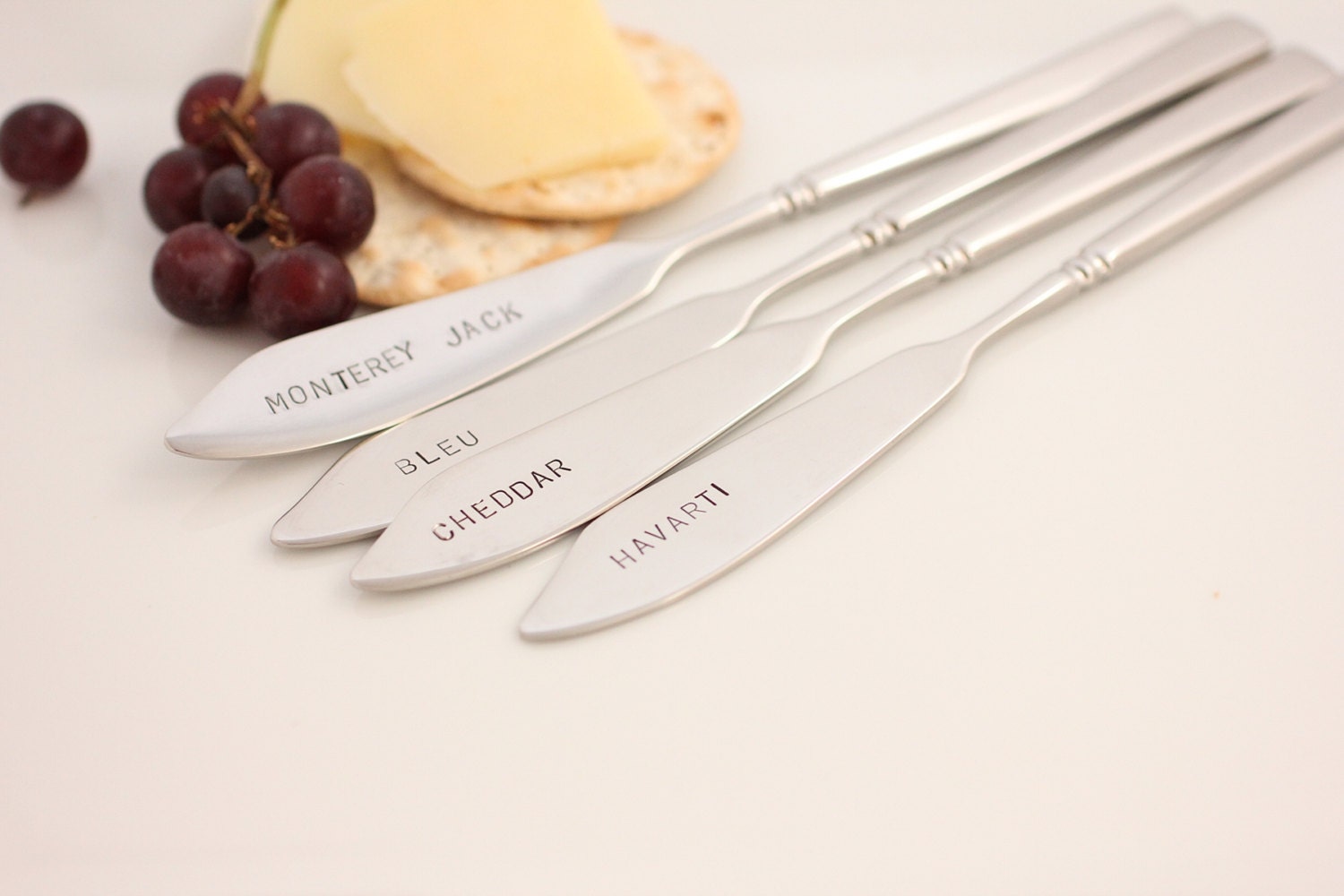 Cheese Markers Set of 4 Deluxe Cheese Knives Hand Stamped, Hostess , Housewarming, Gifts Under 100 Dollars, Entertaining, Cocktail Party