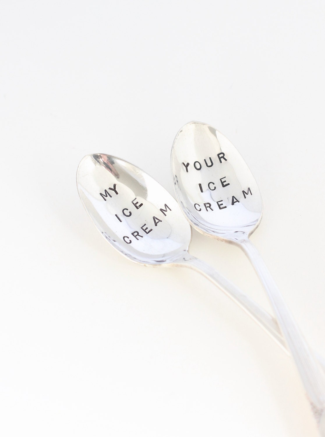 Hand Stamped Ice Cream Spoons Silver Plate My Ice Cream Your Ice Cream  Recycyled Eco-Friendly 1930's