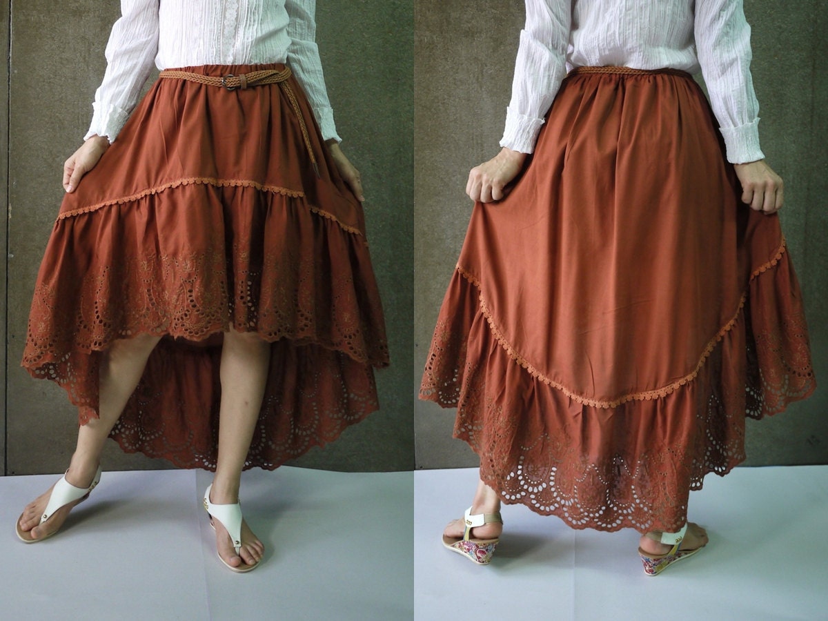 Limited Edition...Boho Chic Burnt Orange Light Cotton Skirt With Asymmetrical Bottom & Cotton Lace Hem