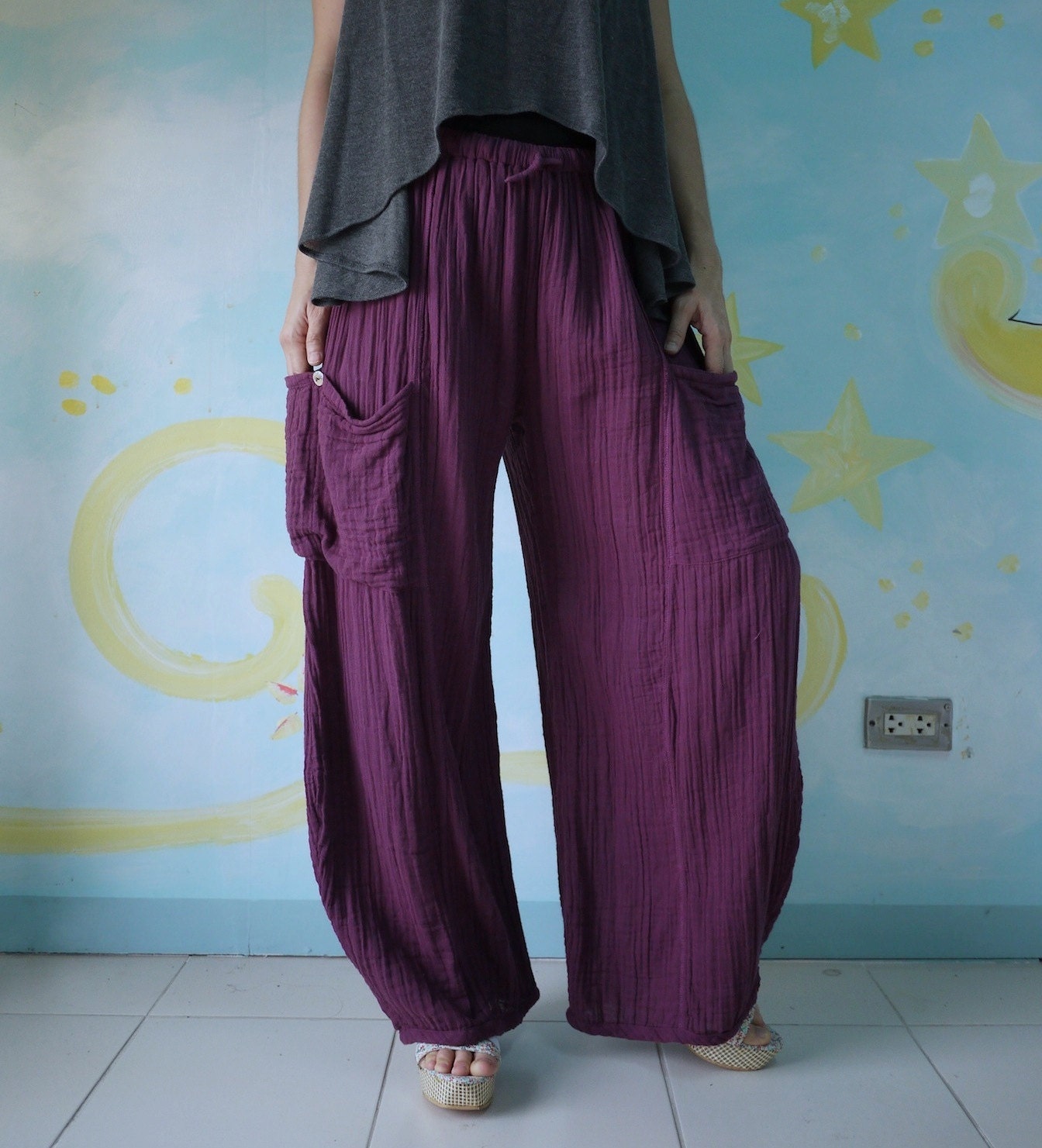Take Me Home...Hand Dyed Plum Light Double Gauze Cotton Unisex Pants With 2 Roomy Patched Pockets
