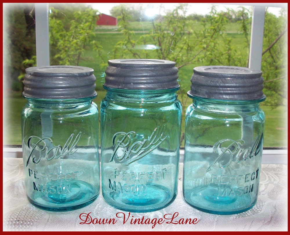 3 Blue Ball Mason Jars PINT Size Zinc Lids