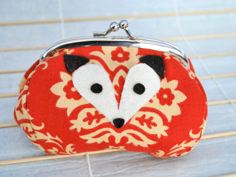 Fox Kisslock Frame Purse (Med.) - Red-Orange with Beige Floral and Navy (Upcycled Materials)