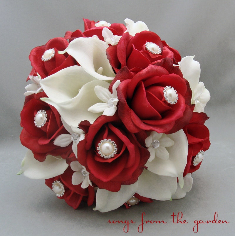 Real Touch Silk Bridal Bouquet Stephanotis Real Touch Red Roses Real Touch Calla Lilies with coordinating Groom's Boutonniere