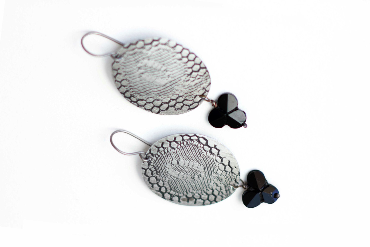 Black Lace earrings etched metal lace print oval silver earrings black shamrock