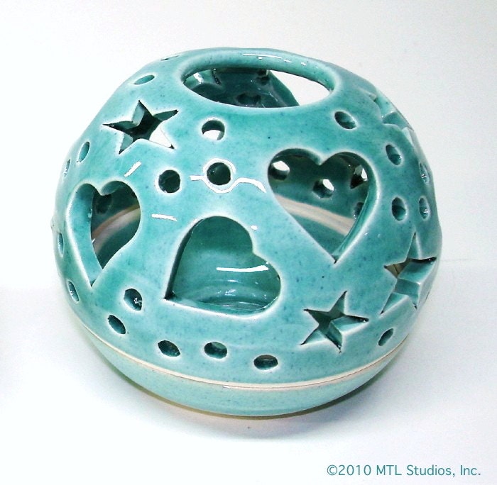 Robin's Egg Blue Spring Decor THE ORIGINAL Heart Candileria Luminary / Handmade Ceramics