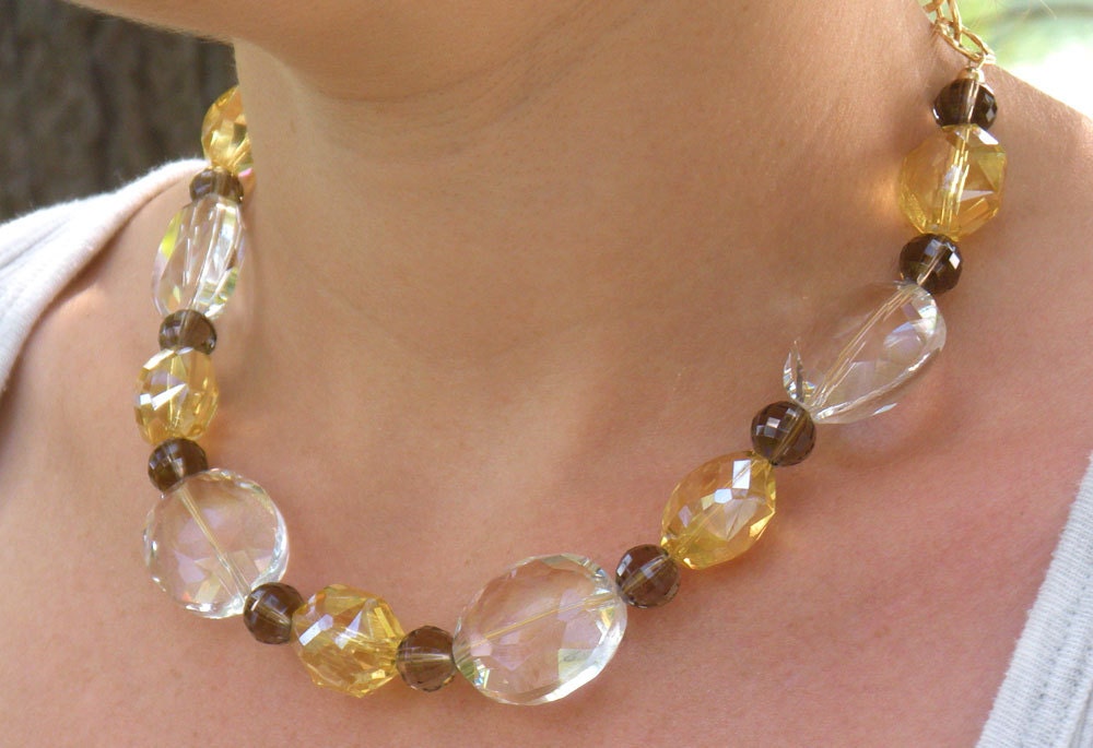 Chunky Beer Quartz, Gold, and Clear Crystal Beaded Necklace, Statement Necklace - Golden Lager