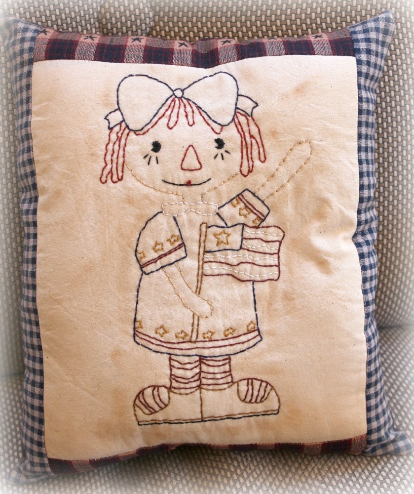 Primitive Patriotic Raggedy Annie  Americana  Pillow Home Decor Folk Art Country Rustic