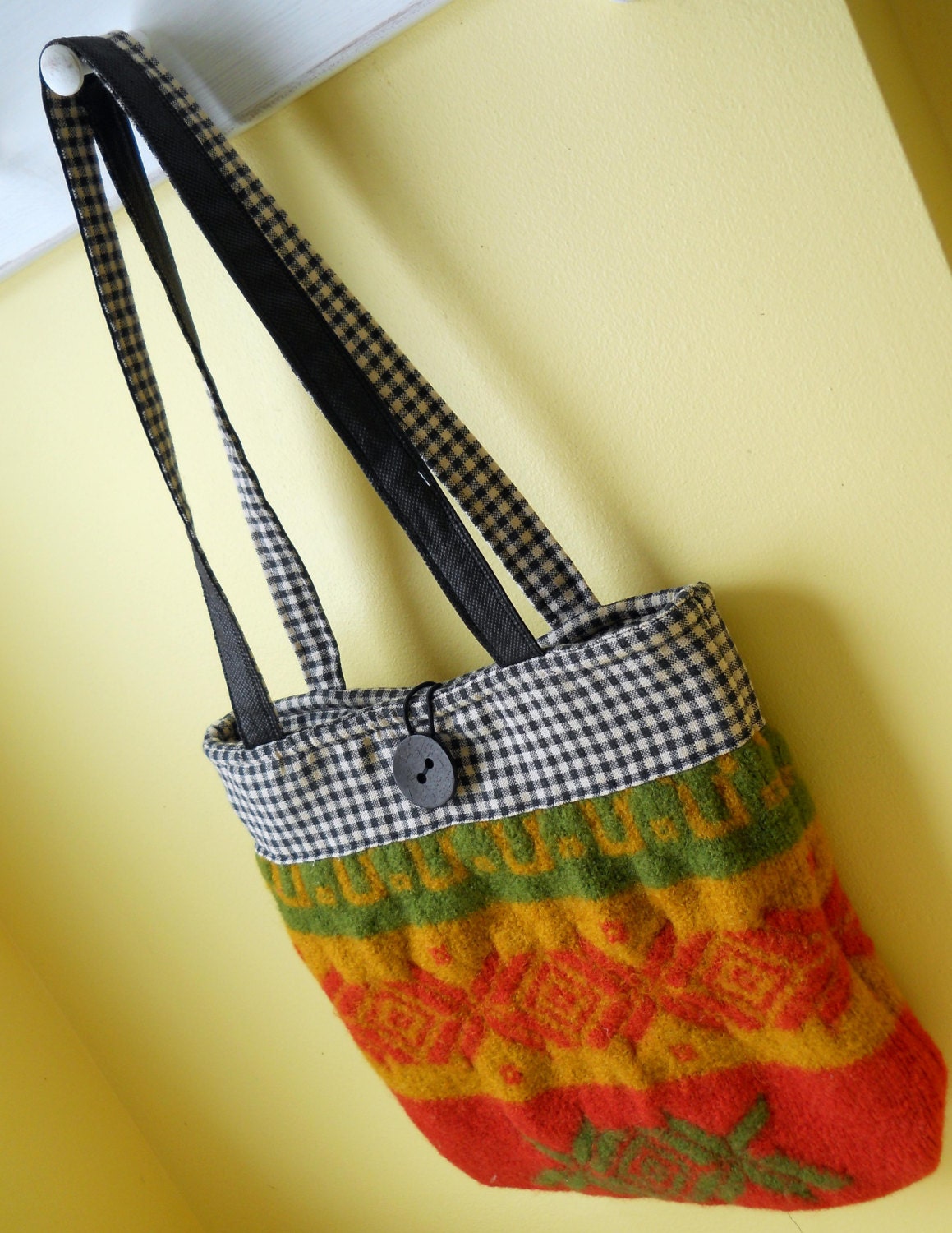 Red, Gold, Green and Black Gingham Tote Bag Purse: made from a recycled sweater.