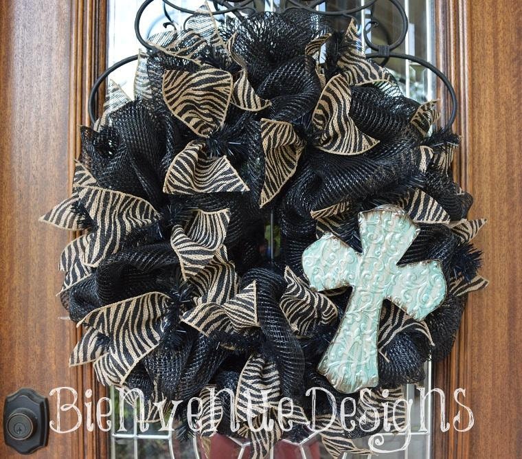 Turquoise Tin Cross Zebra Mesh Wreath