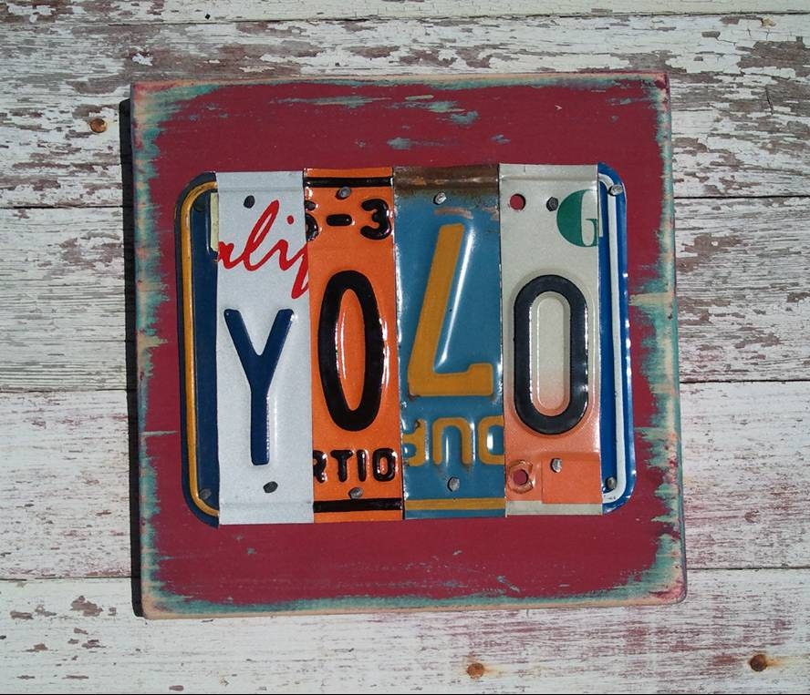 YOLO Yellow Orange Red Aqua Surfer Beach Word Block Sign Custom Funky States License Plate Art Recycled
