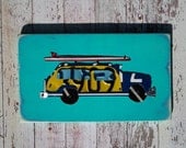 Surf's up Woody Wagon Yellow Turquoise Navy Red Car Surfboard Surfer Beach Word Block Sign Custom Funky States License Plate Art Recycled