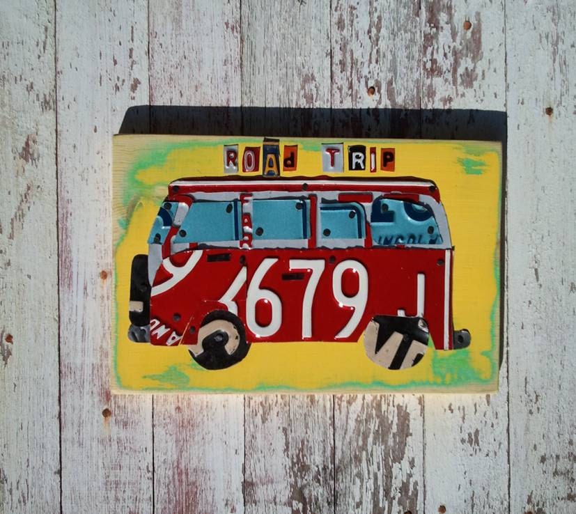 Funky VW Surf Bus Beach Ocean Road Trip Yellow Red Green Teen Toddler Car Custom License Plate Art Recycled States