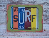 SURF Lime Green Yellow Orange Red Aqua Surfer Beach Word Block Sign Custom Name Personalized States License Plate Art Recycled