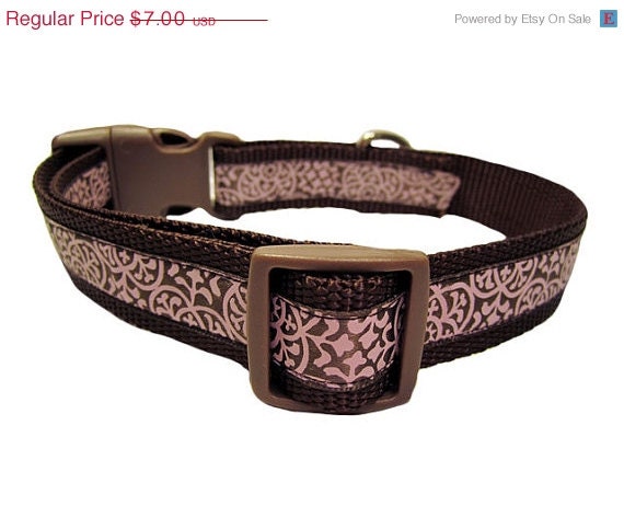 ON SALE Sophisticated Pink Dog Collar, 1 inch wide, small 9-13 inches, brown, ribbon, nylon, small, buckle
