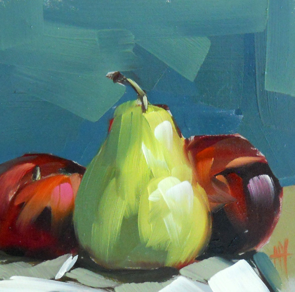 pear and two plums original fruit still life oil painting by moulton on 6 x 6 inch panel prattcreekart