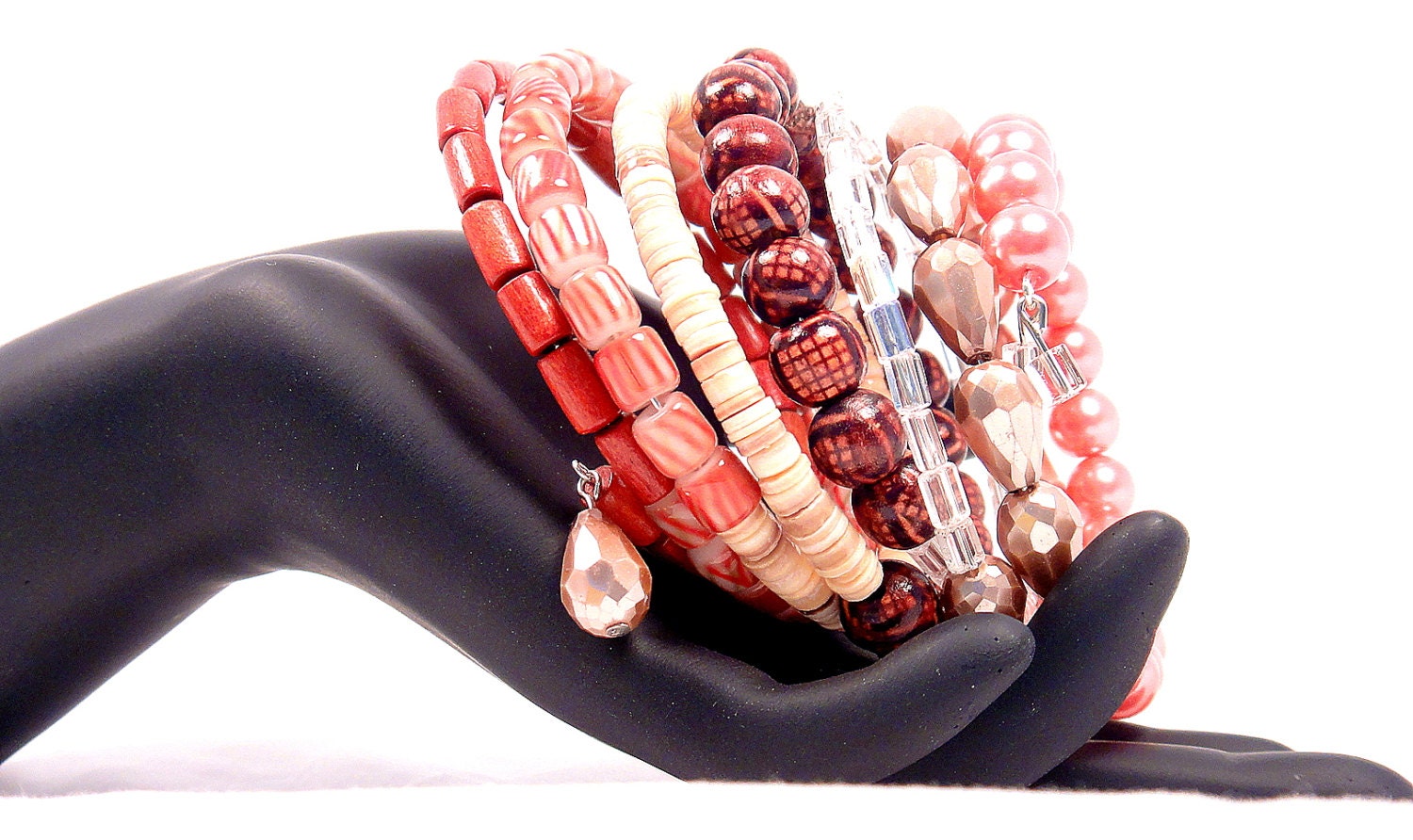 Orange Brown Cuff, Pastel Orange Wrap, Stacked Bead Cuff