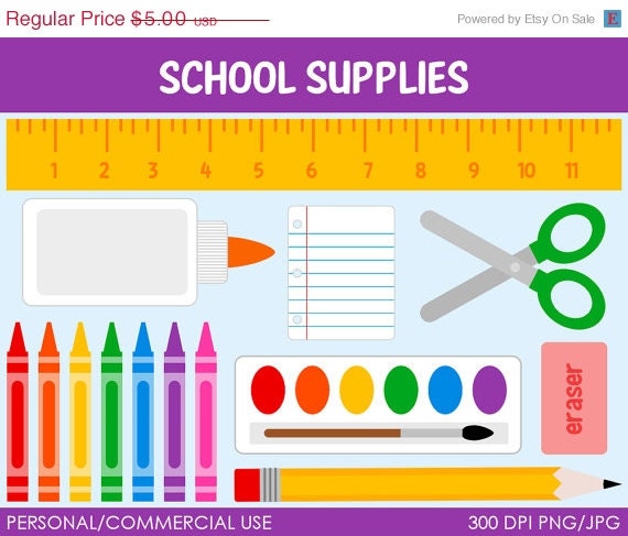 SALE - School Supplies Clip Art -  Digital Clip Art Graphics for Personal or Commercial Use
