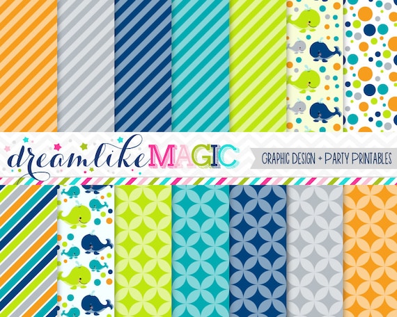 Sweet Whales Boy Hues- Digital Paper Pack for Personal or Commercial Use Il_570xn