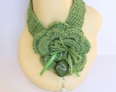 Crochet handmade flower necklace, scarflette, lariat, fashion scarf, green, gift, women, teen, accessories