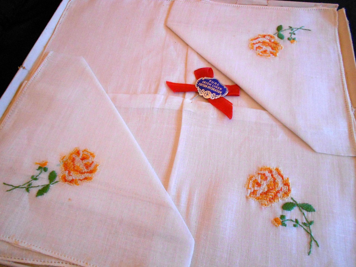 Vintage Yellow Orange Petit Point Embroidered Rose Handkerchiefs Set of 3 in Original Box Hankies Unused Hanky Irish Linen Cotton Embroidery