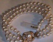 Majorca Mallorca 3 strand 6mm Pearl Bracelet Gold Vermeil Sterling Rhinestone Pearl Clasp.