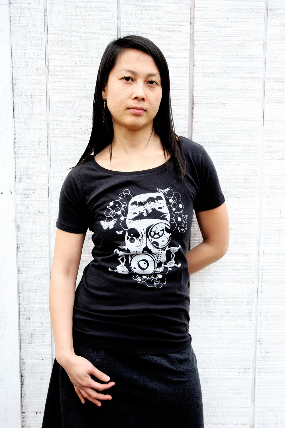 Women Tops Tshirt Steampunk T - Ladies Gas Mask T Shirt - Scoop Neck for Women - Small, Medium, Large, XL