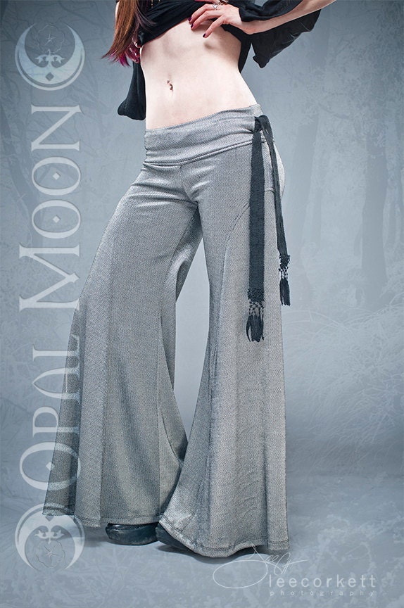 Crescent Flare Tribal Contrast Pants in Silver & Black Herringbone by Opal Moon Designs (Sizes L or XL)