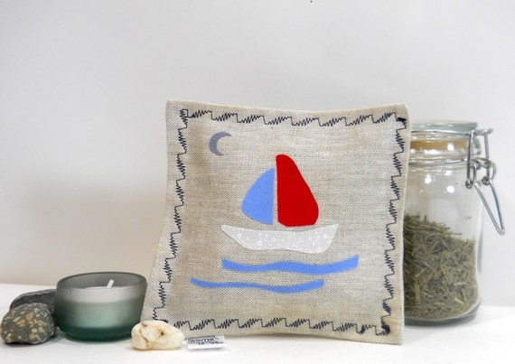 Organic Herb Filled Linen Sachet wih Original Sailboat Design Applique - Seaside Dreams Scented