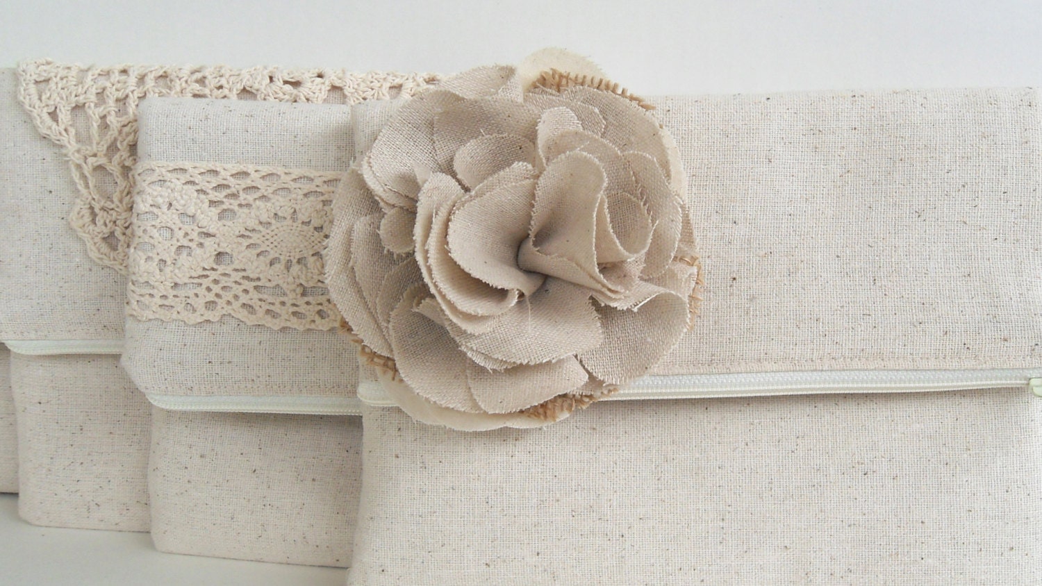 Burlap and lace wedding clutch,  rustic natural wedding purse, fabric flower beige zipper clutch