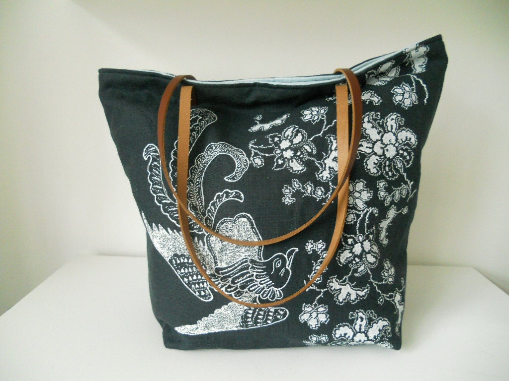 Large linen Indigo tote Exotic Birds