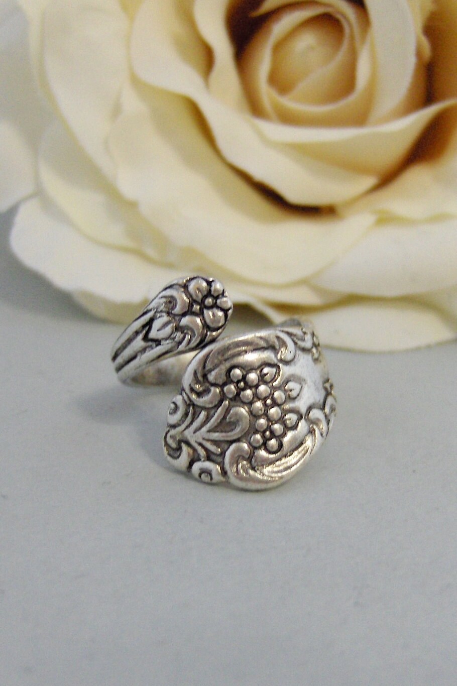 Rosey Spoon,Ring,Silver,Spoon,Spoon Ring,Antique Ring,Silver Ring,Rose,Wrapped,Adjustable. Handmade jewelery by valleygirldesigns.